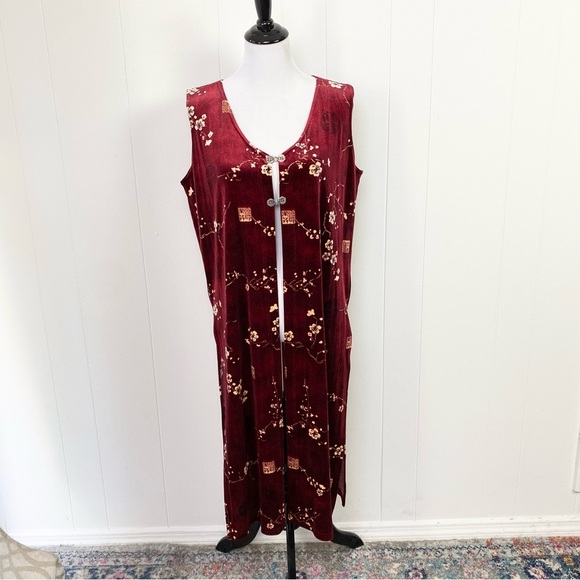 VTG JOSTAR Women's Sz L-XL Burgundy Asian Floral Velour Sleeveless Cardigan Y2K - Picture 1 of 11